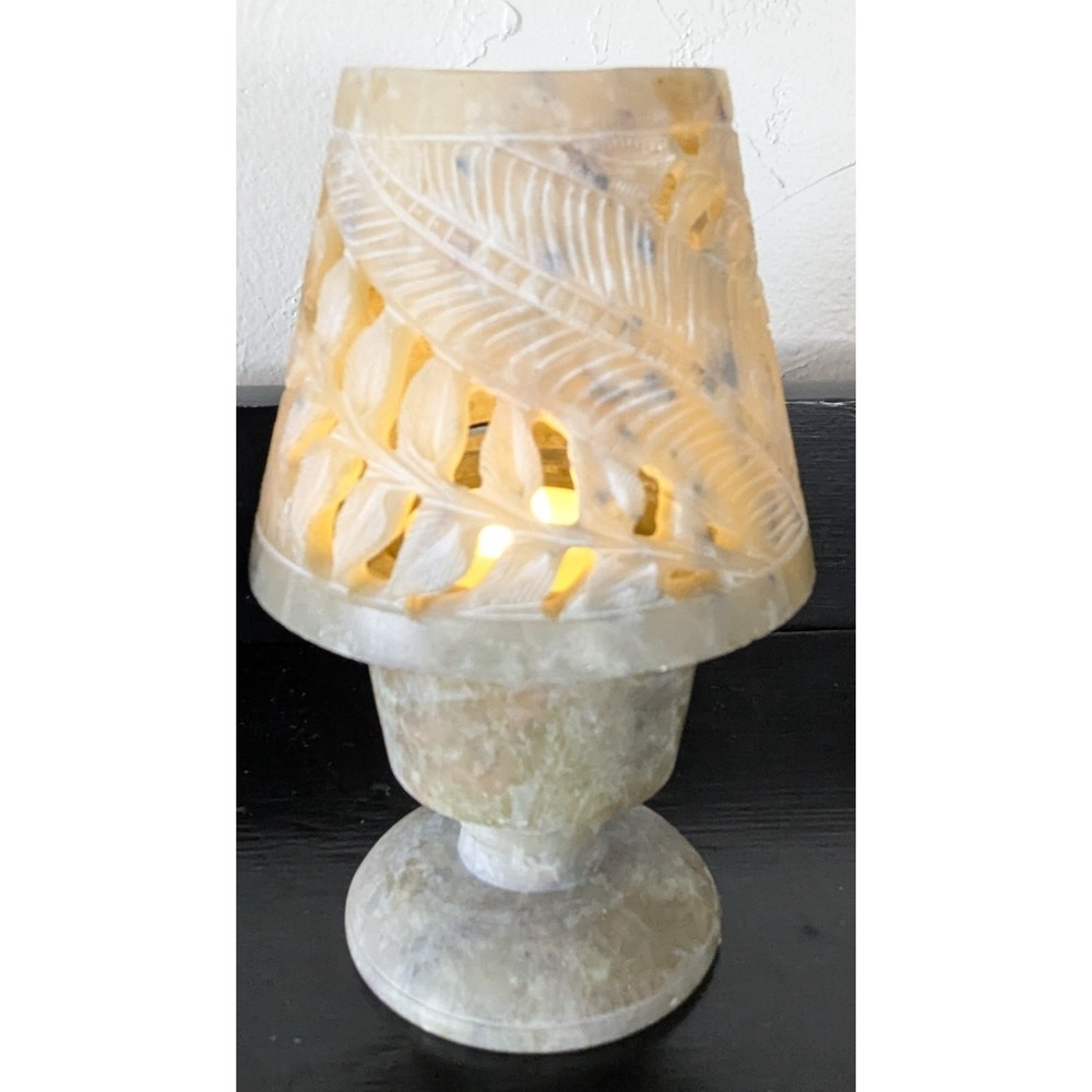 Carved Stone Tealight/Votive Candle Holder and Shade Tones‎ of Yellow & Green 6"